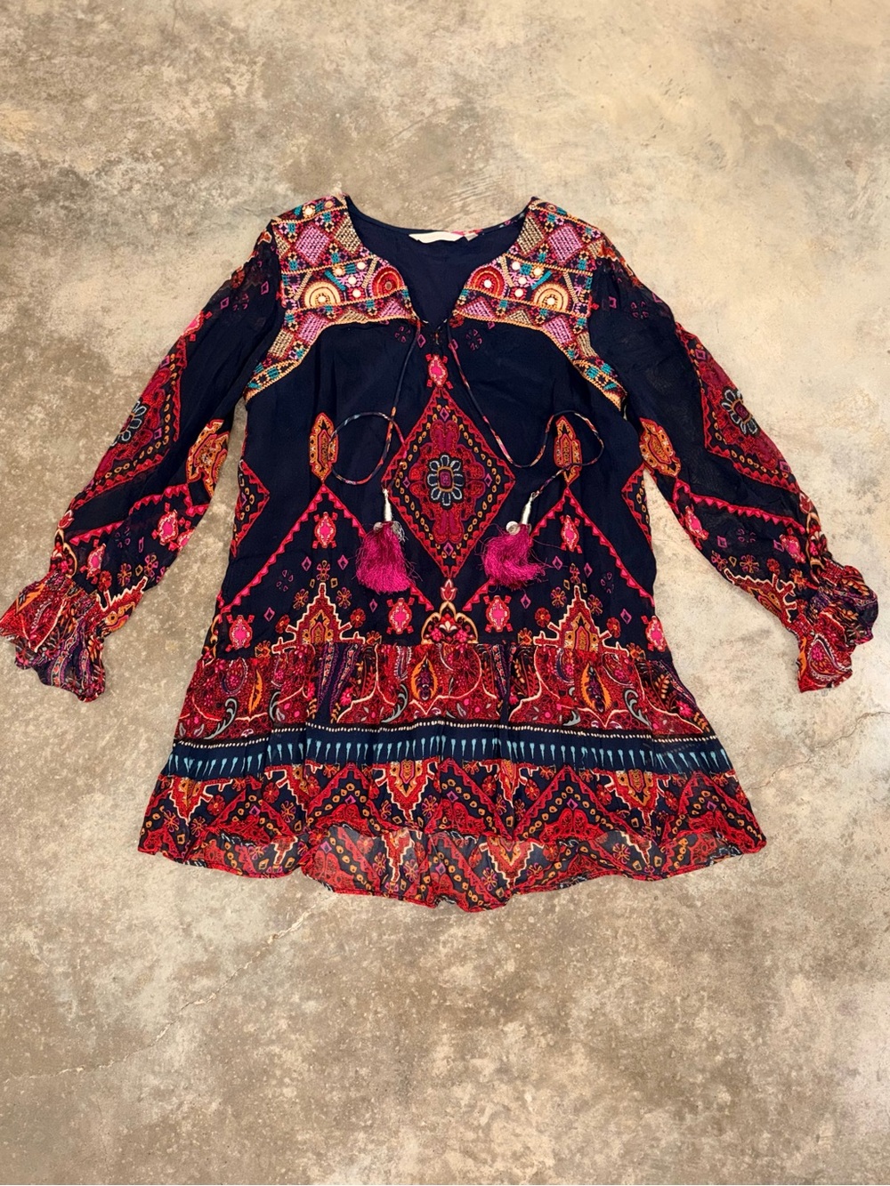 Soft Surroundings S Petite Navy Embroidered Boho Tunic Tassel Mirror Detail